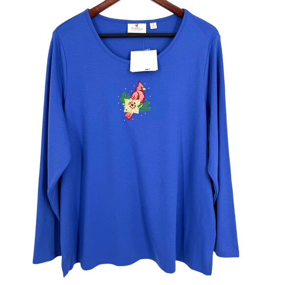 NEW NWT Quacker Factory Plus Size 1X Christmas Cardinal Holiday Blouse Shirt Top - Picture 1 of 7